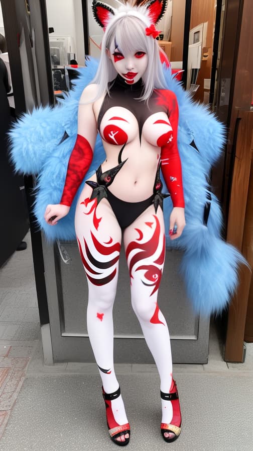  White and red flame pattern body paint in every corner of the whole body, Blue body paint full body, grey face paint on the face, two succubus, full body image 女性