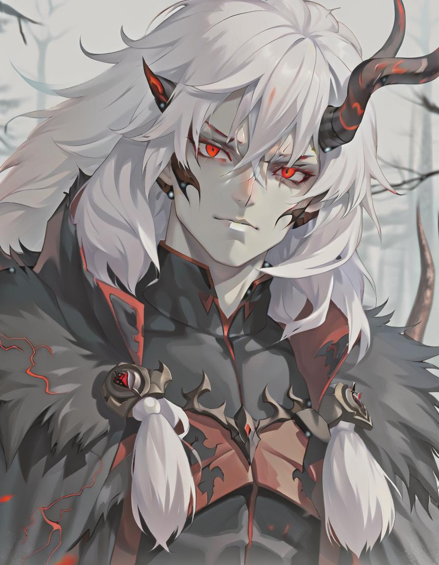  man demon, white skin. red eyes, white hair, red horns, black fur coat, dense forest in the background