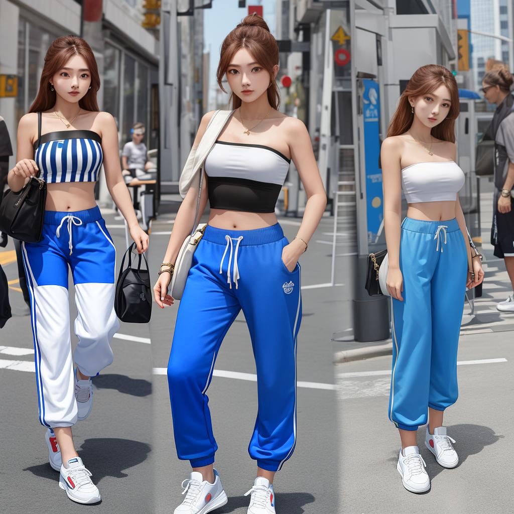  masterpiece, best quality,Best quality, tube top,pants, blue sneakers,