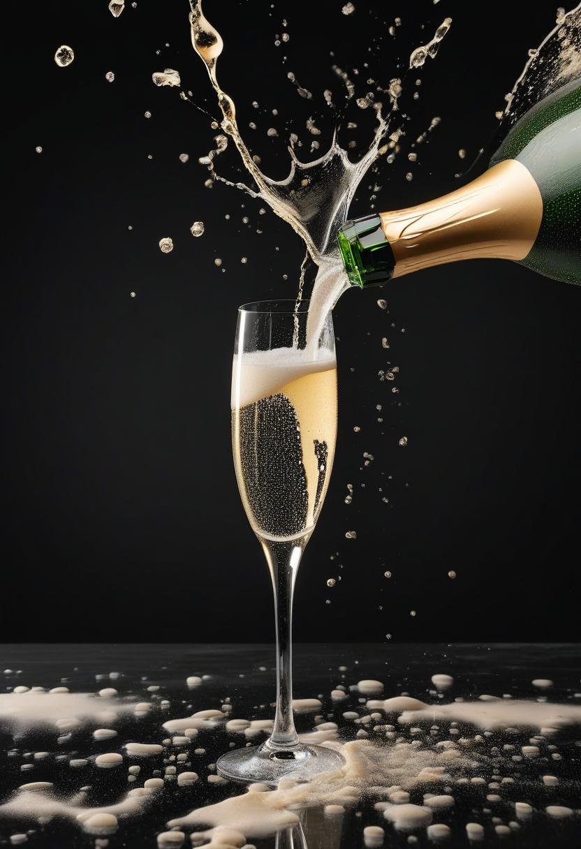  champagne spills out of a glass on a black background, no bright colors, solid background