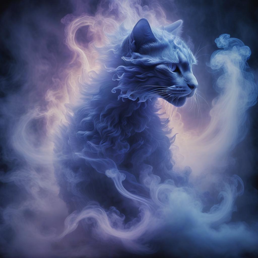  (masterpiece, kirlian photography style:1.3), mystical smoke giant cat fights smoke chinese dragon ​​of smoke spirit crafted from wisps of smoke, dissolving into the ether, ethereal and otherworldly presence, intricate patterns resembling kirlian photography, soft and flowing smoke forming the shape of the city, glowing aura around the silhouette, hints of blue and purple hues adding a surreal touch, dynamic composition capturing the spirit's transition, dreamlike and surreal atmosphere, intricate details in the swirling smoke trails, soft and gentle lighting enhancing the mystical quality, a blend of mysticism and artistry in a captivating and unique visual interpretation.