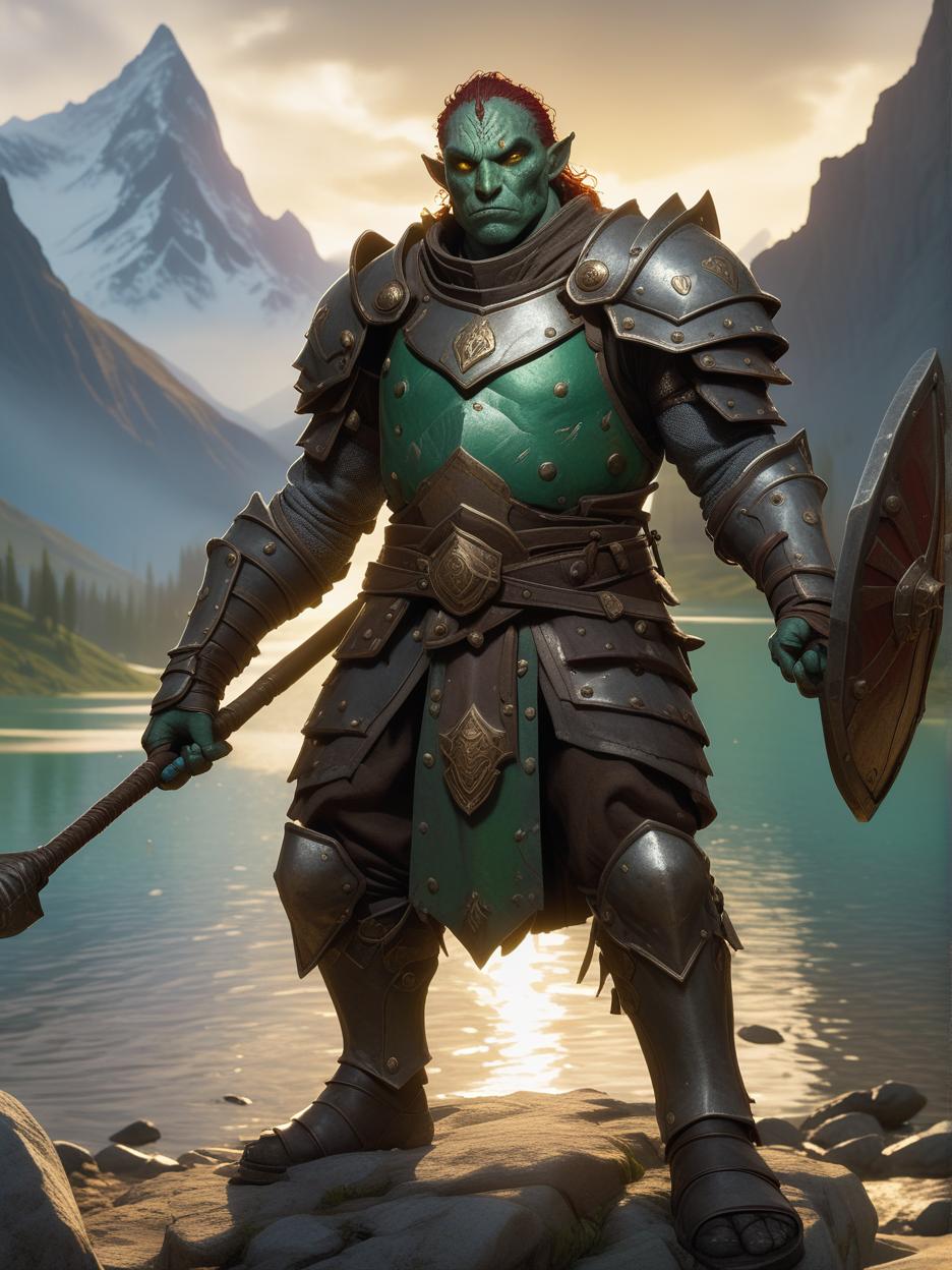  A dnd character, a male githzerai paladin of life, with green/grey skin and big brown freckles, holding a small iron mace in a hand and a shield with a metal face in the other , with as background a huge mountain illuminated by a golden light and surrounded by a glowing lake