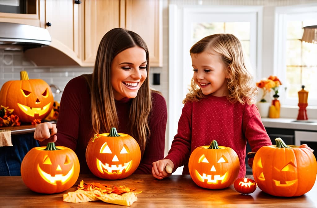  mother and two children carving jack o lanterns on halloween and smiling in cozy kitchen ar 3:2 {prompt}, maximum details