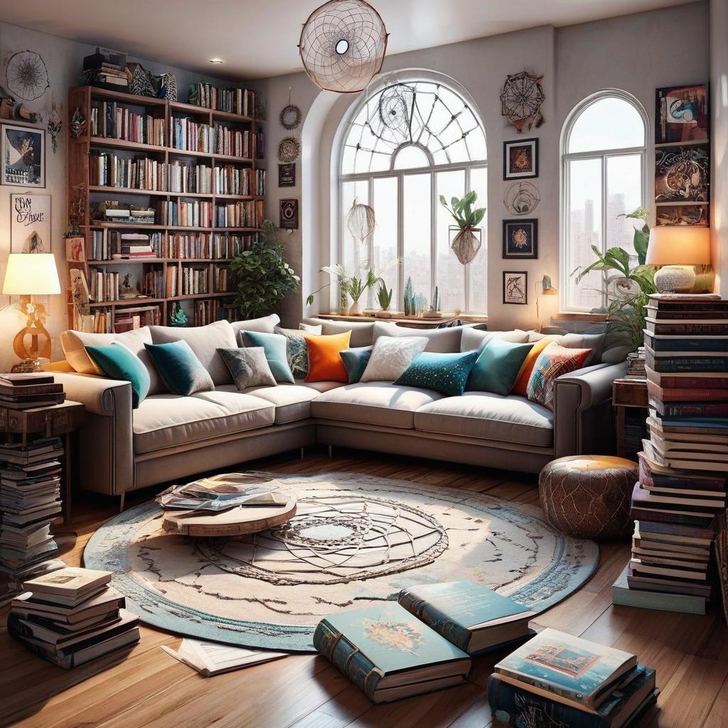  an extremely messy apartment. there’s dream catchers on the walls and tons of books. there’s even a giant old dream catcher in the middle of the room. there’s a small couch to the side., award winning, professional, highly detailed, masterpiece