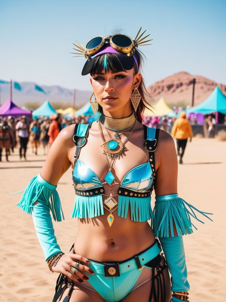  A medium, photo of a female influencer on the desert festival, dressed in a revealing rave outfit, decorated with fringe, bright outfit, steampunk style, daytime, desert background, sharp focus, cinematic, hd