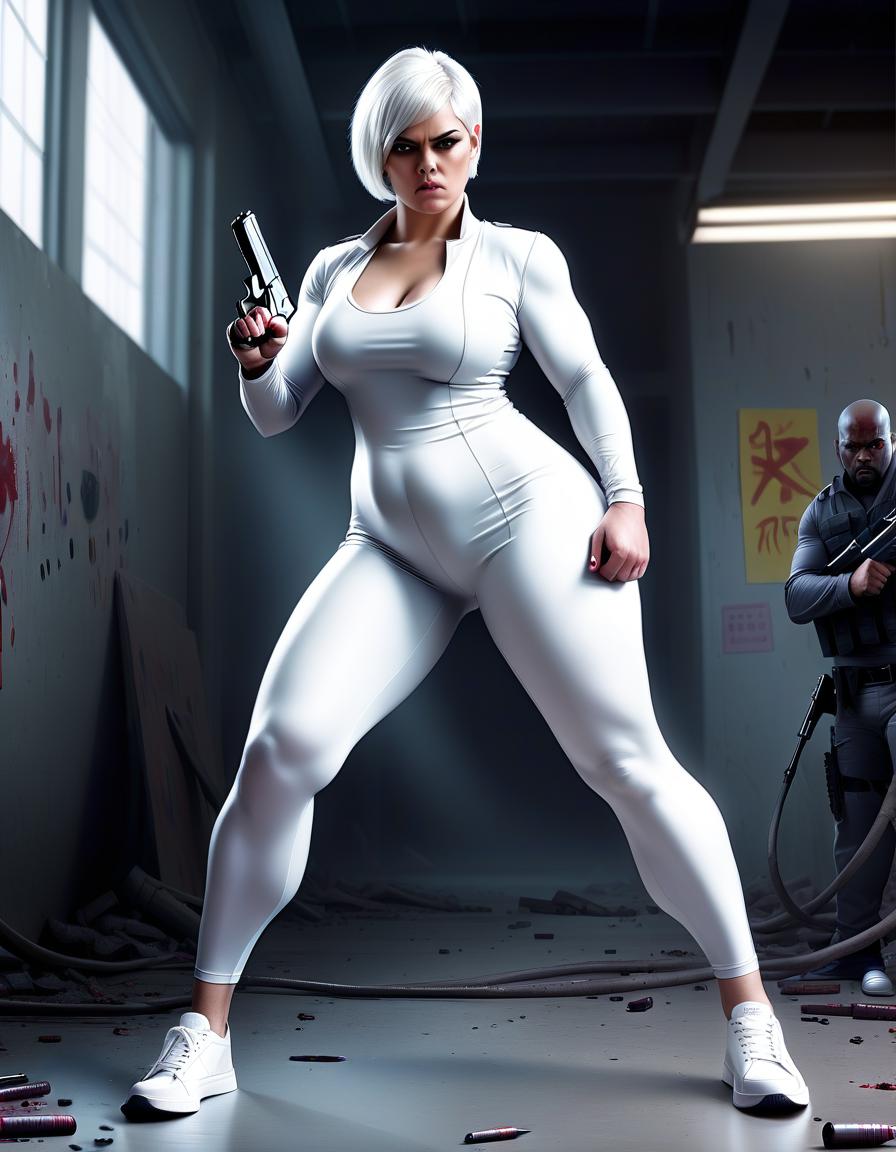  concept art in full growth, tall beautiful girl, modern outfit, she professional killer, she have heavy and fat body, she weighs 75 kg, with pistol, thin hands, big calf muscles, white short hair, a grey tight one piece suit, in white sneakers, tight leggins, tight fitting clothes on the stomach, in a fighting position, dark sity background, concept art, illustrative, in color, digital artwork, highly detailed. . digital artwork, illustrative, painterly, matte painting, highly detailed