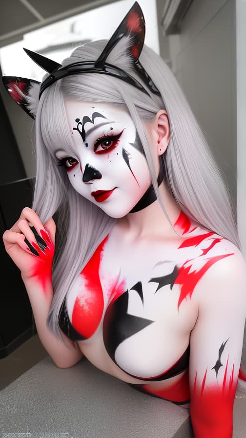  White and red bat pattern body paint in every corner of the body,silver body paint all over the body,Grey face paint on the face, Two succubus, full body image 女性