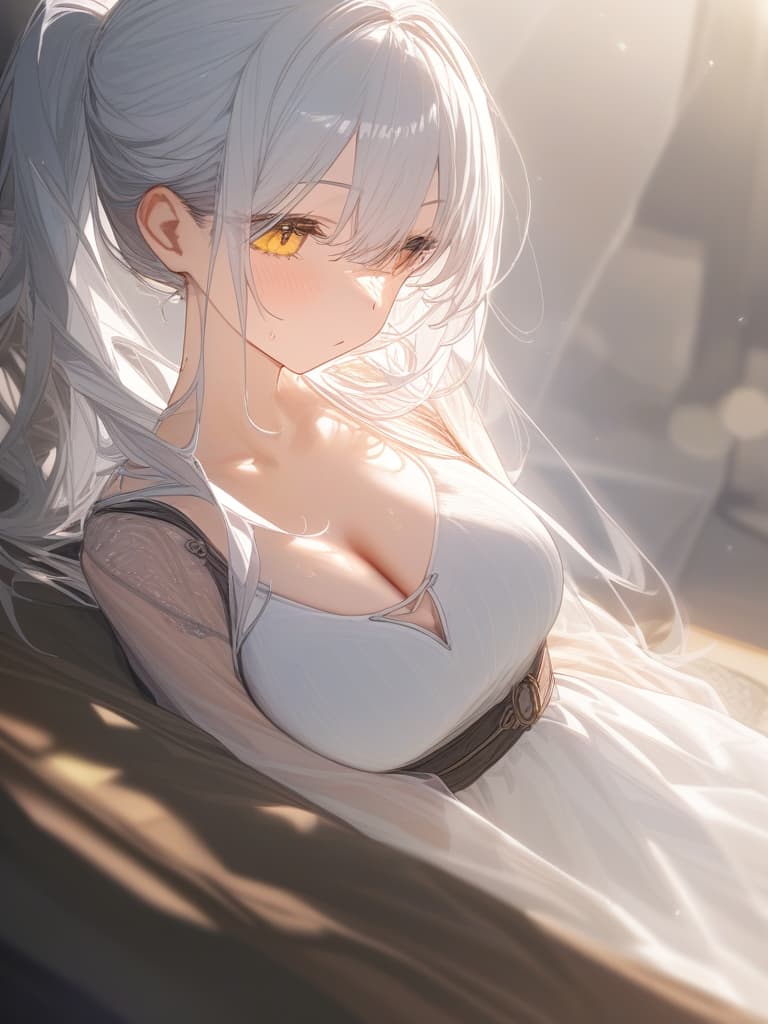  e cup, white hair, yellow eyes, masterpiece, best quality,8k,ultra detailed,high resolution,an extremely delicate and beautiful,hyper detail