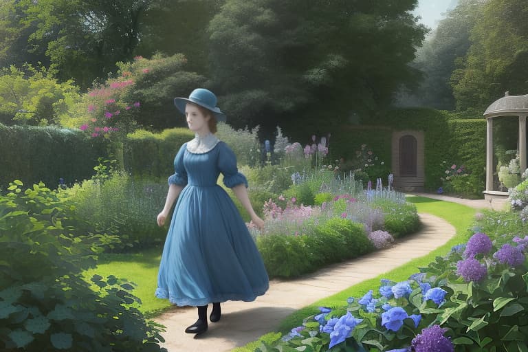  19th century girl in blue dress walks through garden