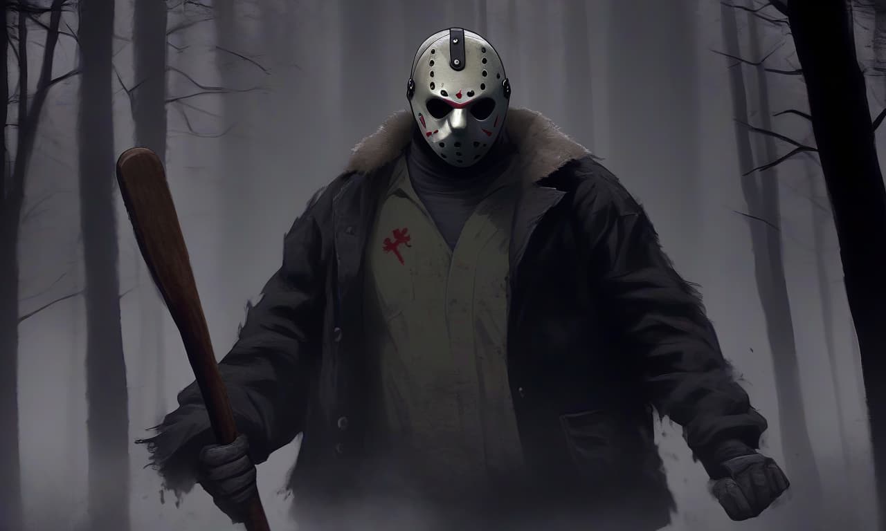  horror themed jason voorhees is standing with a shovel. he is wearing a black jacket and black pants. the background is a forest with thick fog . eerie, unsettling, dark, spooky, suspenseful, grim, highly detailed