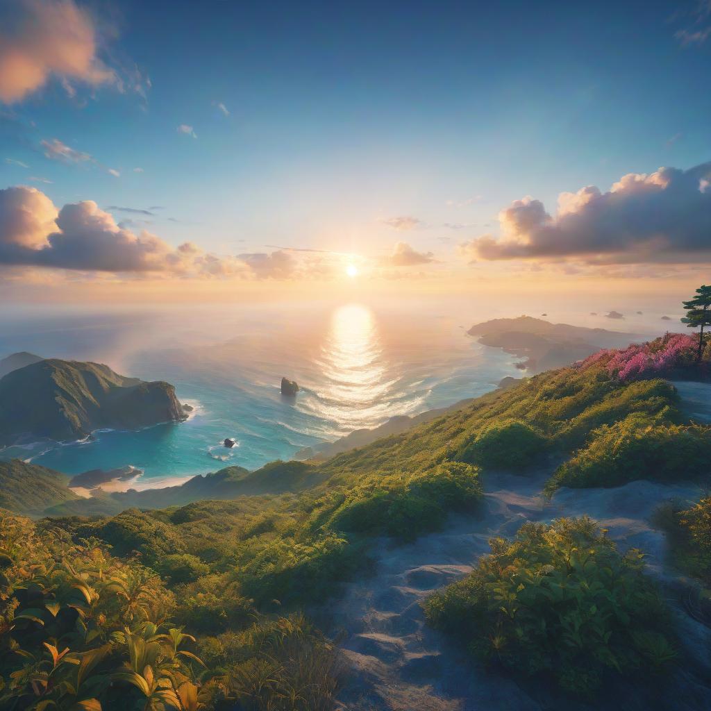  anime artwork landscape. the view over the ocean to the sky . anime style, key visual, vibrant, studio anime, highly detailed, hkmagic hyperrealistic, full body, detailed clothing, highly detailed, cinematic lighting, stunningly beautiful, intricate, sharp focus, f/1. 8, 85mm, (centered image composition), (professionally color graded), ((bright soft diffused light)), volumetric fog, trending on instagram, trending on tumblr, HDR 4K, 8K