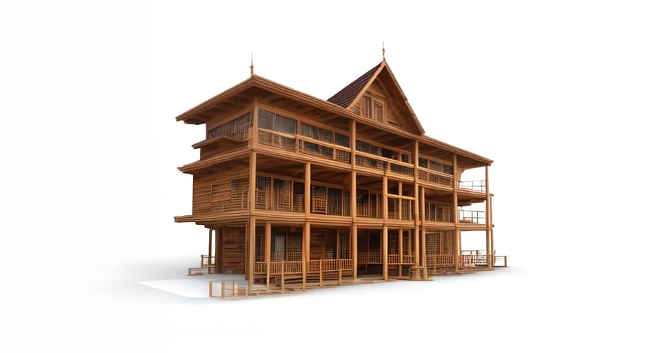 mdjrny-v4 style architecture, high quality, exterior perspective, 3 story wooden structure with a large eave on the first floor as an entrance to welcome visitors,