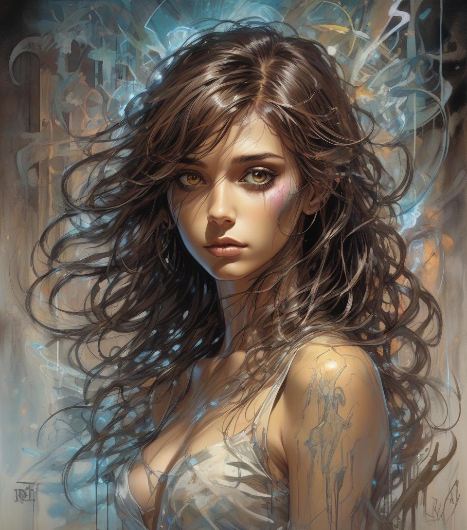  a beautiful girl, dark brown eyes, messy shoulder length hair, in a surreal and fantastical setting, combining the artistic styles of jose royo, boris vallejo, julie bell, carne griffiths and brian froud, precise anatomy, with a centered symmetrical composition , double exposure, volumetric lighting, detailed ink splashes, art deco style, comic book style art, vector, line art, rays, bright color highlights