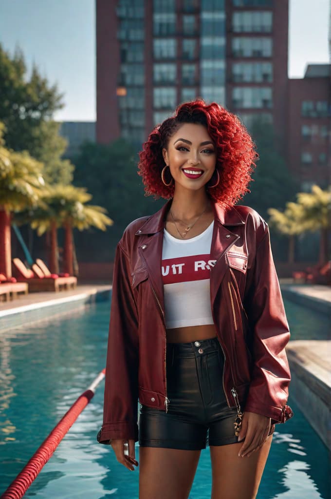  closeup view of cute sweet 1 in a dark red patterned , ringlets, smile, at a grungy city outdoor pool, skyscrs hyperrealistic, full body, detailed clothing, highly detailed, cinematic lighting, stunningly beautiful, intricate, sharp focus, f/1. 8, 85mm, (centered image composition), (professionally color graded), ((bright soft diffused light)), volumetric fog, trending on instagram, trending on tumblr, HDR 4K, 8K