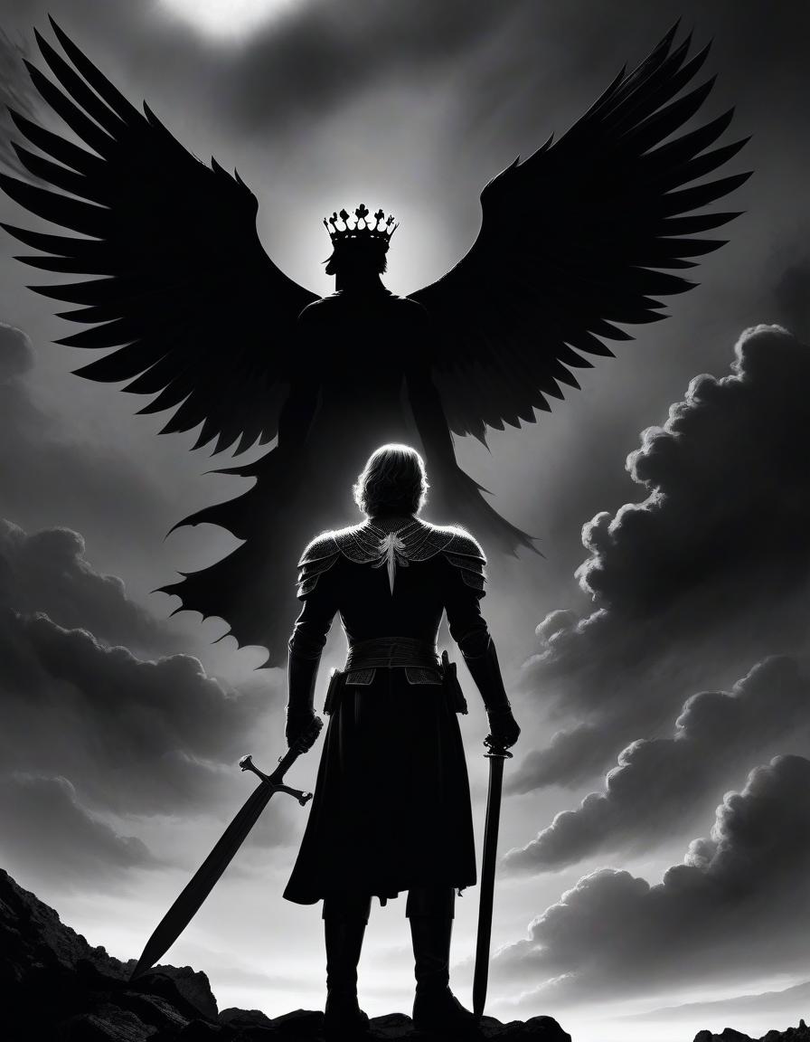  film noir style lucifer on his knees, four wings, legs with claws, white skin, in black armor and a crown, looks at the sky, cries fire, fiery tears, stands on a rock, around the wasteland, the fiery sky. . monochrome, high contrast, dramatic shadows, 1940s style, mysterious, cinematic