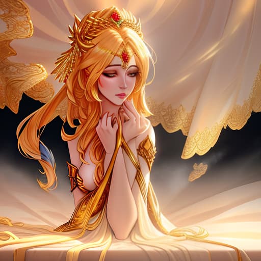  "The goddess of the world with golden hair is behind her, NSFW." hyperrealistic, full body, detailed clothing, highly detailed, cinematic lighting, stunningly beautiful, intricate, sharp focus, f/1. 8, 85mm, (centered image composition), (professionally color graded), ((bright soft diffused light)), volumetric fog, trending on instagram, trending on tumblr, HDR 4K, 8K