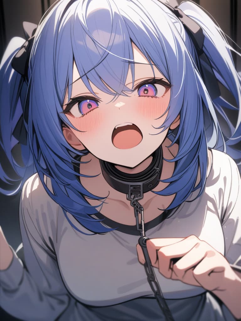  twin tail, blue hair, , , , collar, handcuffs, small s, dark prison, screaming with a large open mouth,, a is inserted, the is taken off and the is to the and a woman. ren with gles, gles girls, gles girls, masterpiece, best quality,8k,ultra detailed,high resolution,an extremely delicate and beautiful,hyper detail