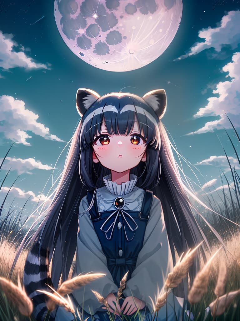  ((looking up at the moon: super cute raccoon)) midnight,full moon,field of silver grass🌾 all over,moon viewing🎑,blur effect,