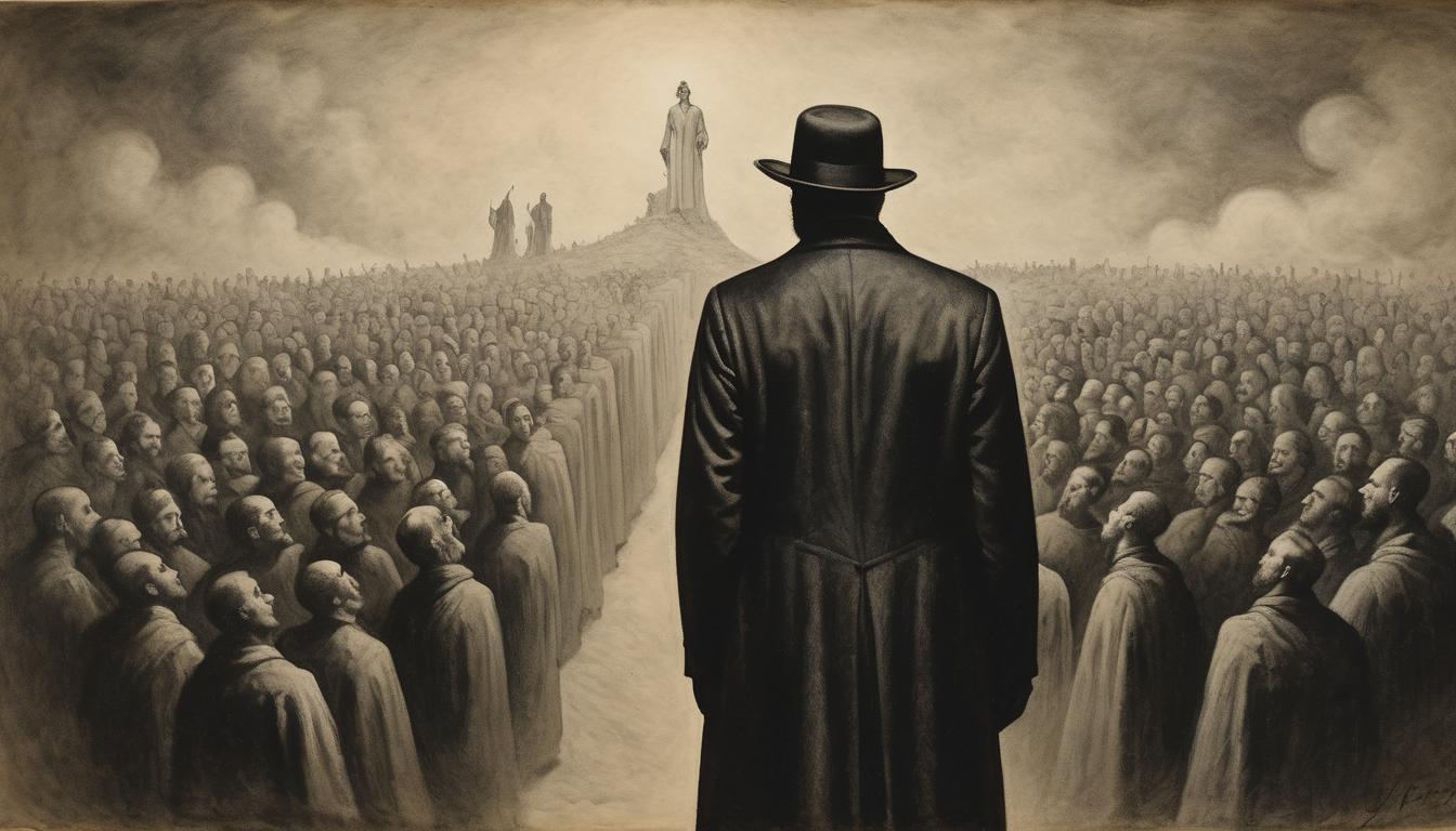  on parchment, surrealism++, dark dense crowd, singular figure standing out, aura surrounding them, concept of true authority, focused, deeply contrasted, dramatic(mysterious, provocative, symbolic)++