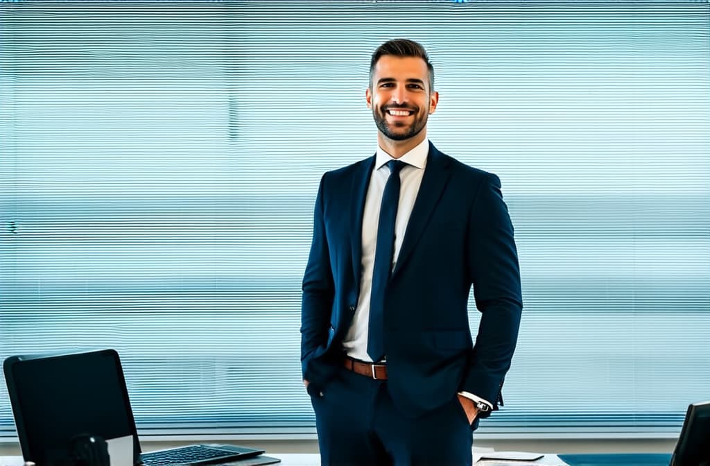  professional detailed photography, portrait of business man standing in open plan office. minimalism style. happy male professional executive manager, financial banking or marketing data. ar 3:2, (muted colors, dim colors, soothing tones), (vsco:0.3)