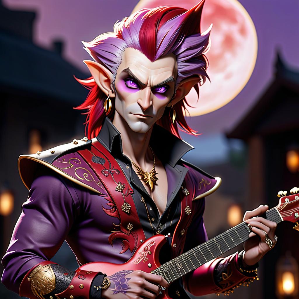  breathtaking a dark elf male rock performer with a guitar in his hands, his face turned straigh marble white skin, purple scarlet hair, lavender eyes with a red tint, dressed in a red violet shirt embroidered with red gold over the shirt wears , hairstyle in the style of hedgehog hair. an earring in the right ear, in the shape of a month. the crescent moon tattoo . award winning, professional, highly detailed hyperrealistic, full body, detailed clothing, highly detailed, cinematic lighting, stunningly beautiful, intricate, sharp focus, f/1. 8, 85mm, (centered image composition), (professionally color graded), ((bright soft diffused light)), volumetric fog, trending on instagram, trending on tumblr, HDR 4K, 8K