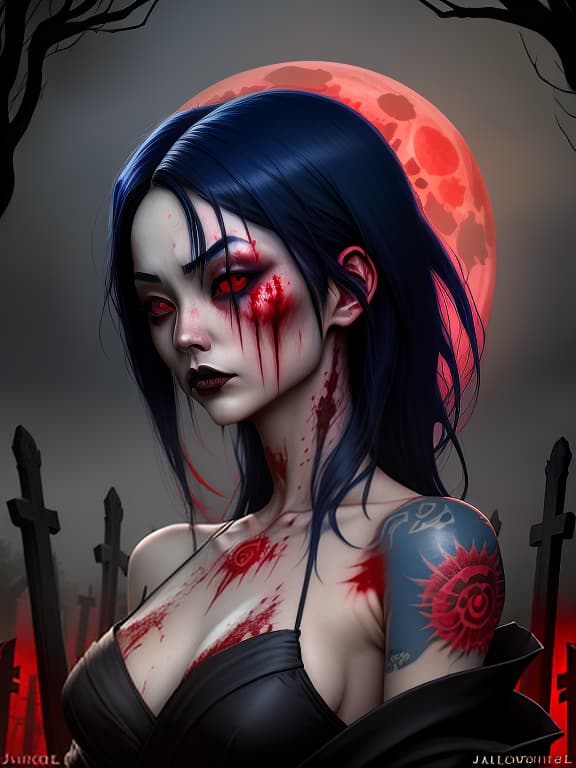  a beautiful japanese girl, dark blue hair, bloody eyes and tattoos lies in a red liquid in a gothic cemetery, red sky fullmoon, dark , creepy , blood , monsters , by jason engle , carlos huante , charlie bowater , simon lee , brom