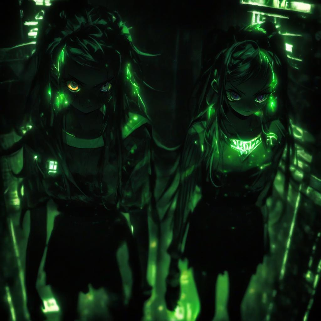  hdr photo of a couple of anime girls standing next to each other, very dark with green lights, with haunted eyes and glasses, darkart, beautiful gemini twins portrait, very dark environment, shadows of zombies, ((sharp focus)), identical picture, dark enclosed . high dynamic range, vivid, rich details, clear shadows and highlights, realistic, intense, enhanced contrast, highly detailed