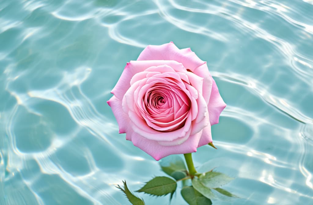  professional detailed photography, view from above, close up view of pastel pink roses on light blue water, light image ar 3:2, (muted colors, dim colors, soothing tones), (vsco:0.3)