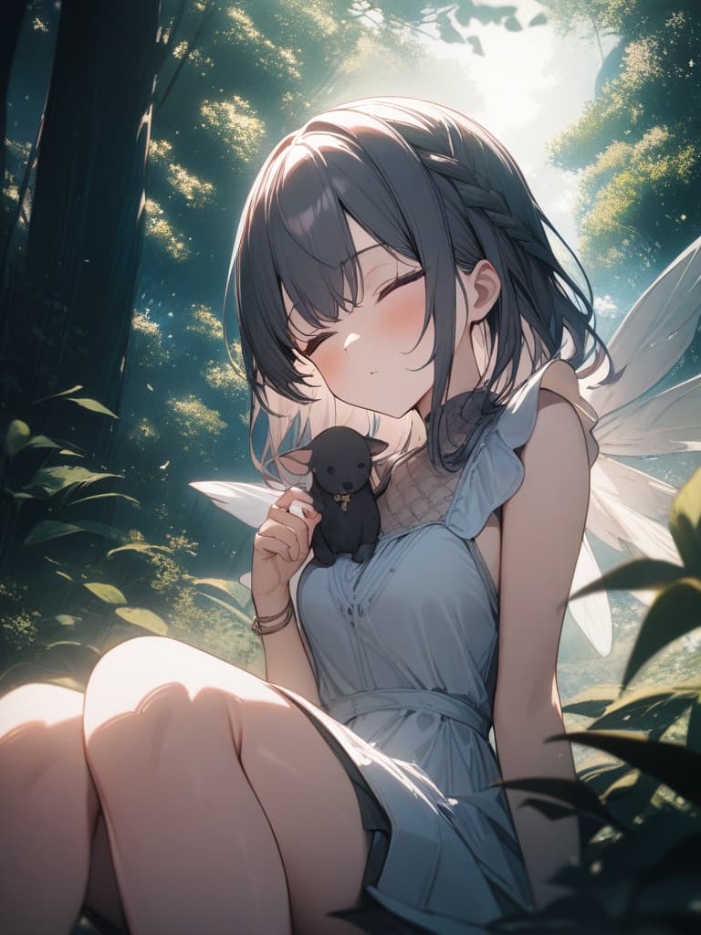  in the forest, sitting on the hands, girls, fairies, wings, small girls sleeping on the palm, a few cm, masterpiece, best quality,8k,ultra detailed,high resolution,an extremely delicate and beautiful,hyper detail