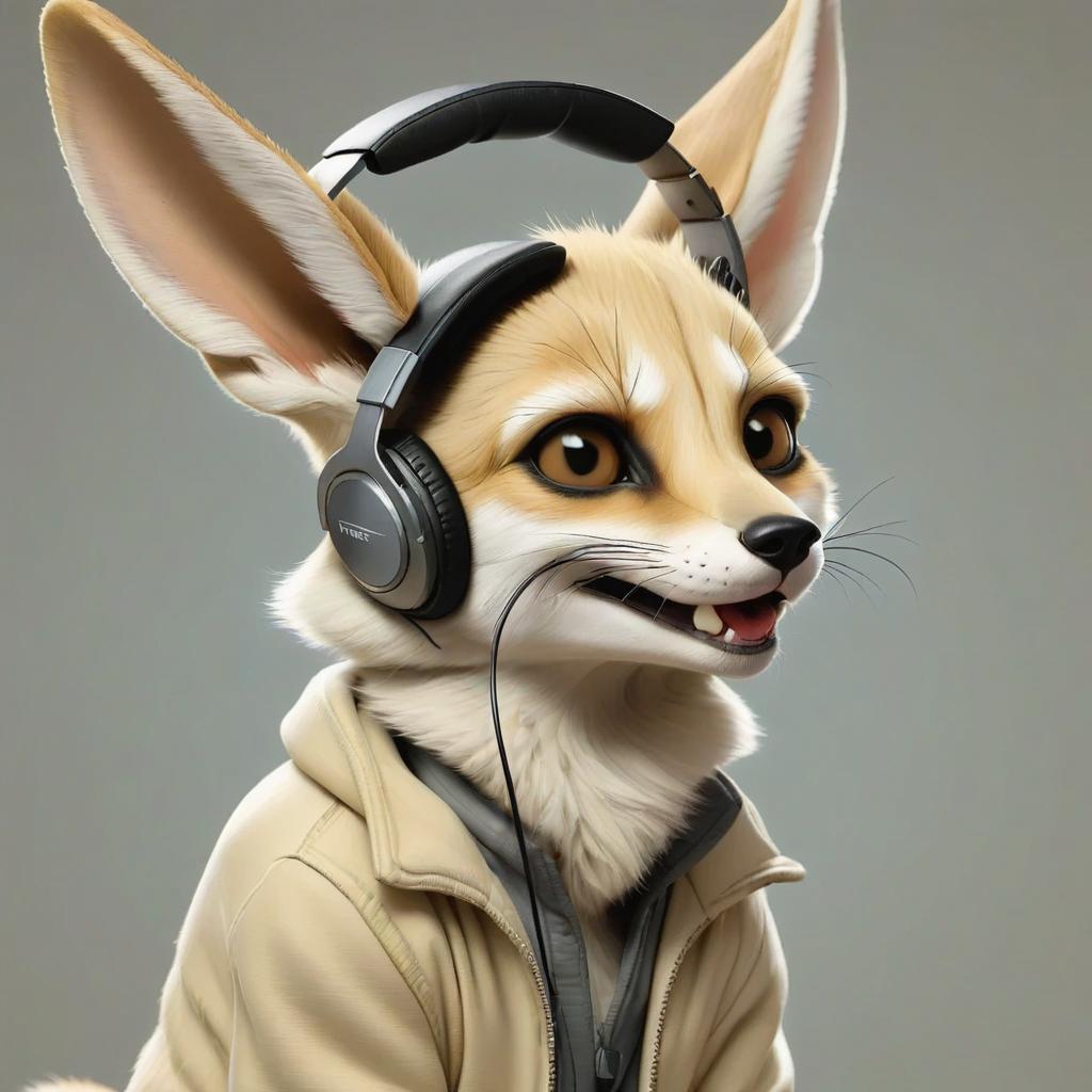  hyperrealistic art fennec in headphones, working in headphones, one head, smiling . extremely high resolution details, photographic, realism pushed to extreme, fine texture, incredibly lifelike