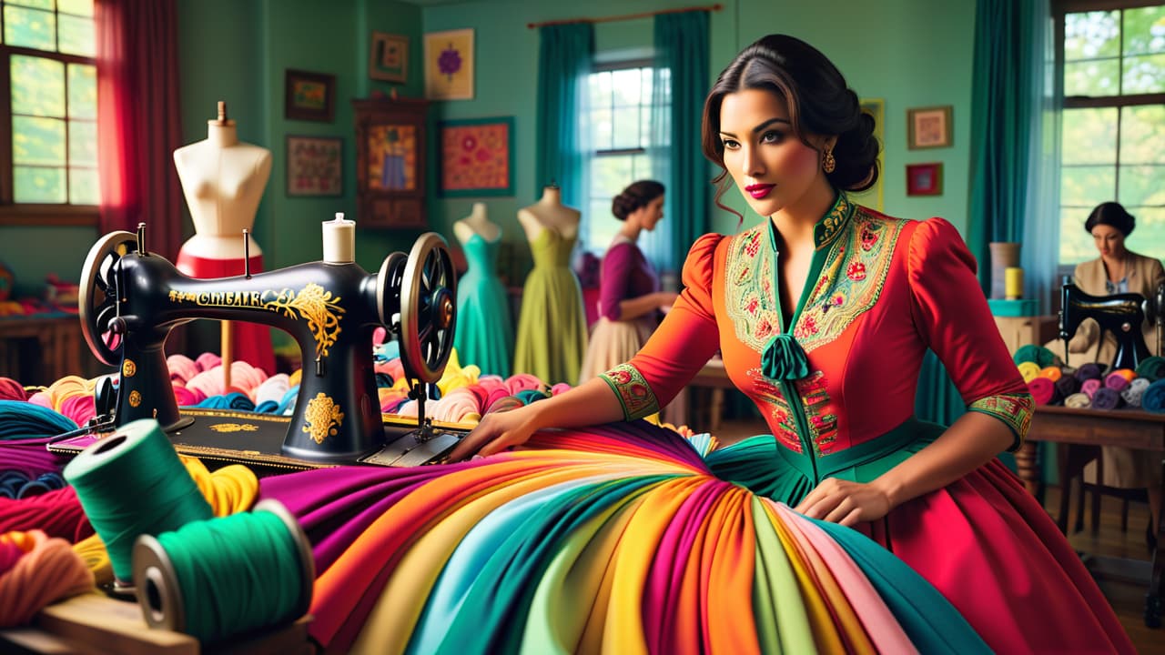  a vibrant workshop scene showcasing a seamstress surrounded by colorful fabrics, patterns, sewing tools, and sketches. mannequins dressed in intricate costumes, with spools of thread and a sewing machine in the background. hyperrealistic, full body, detailed clothing, highly detailed, cinematic lighting, stunningly beautiful, intricate, sharp focus, f/1. 8, 85mm, (centered image composition), (professionally color graded), ((bright soft diffused light)), volumetric fog, trending on instagram, trending on tumblr, HDR 4K, 8K