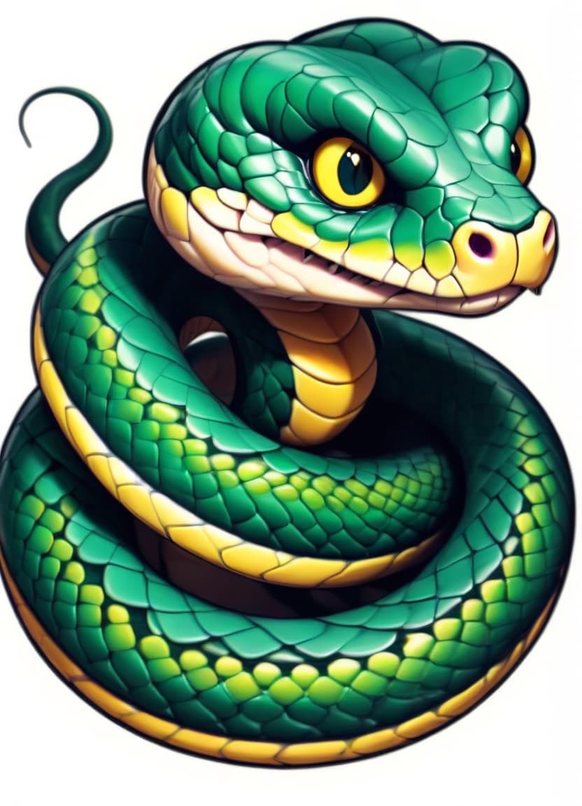  a dark green snake with detailed scaly skin and a piercing yellow eye sits like a full length statue so that it can be seen entirely, sticker