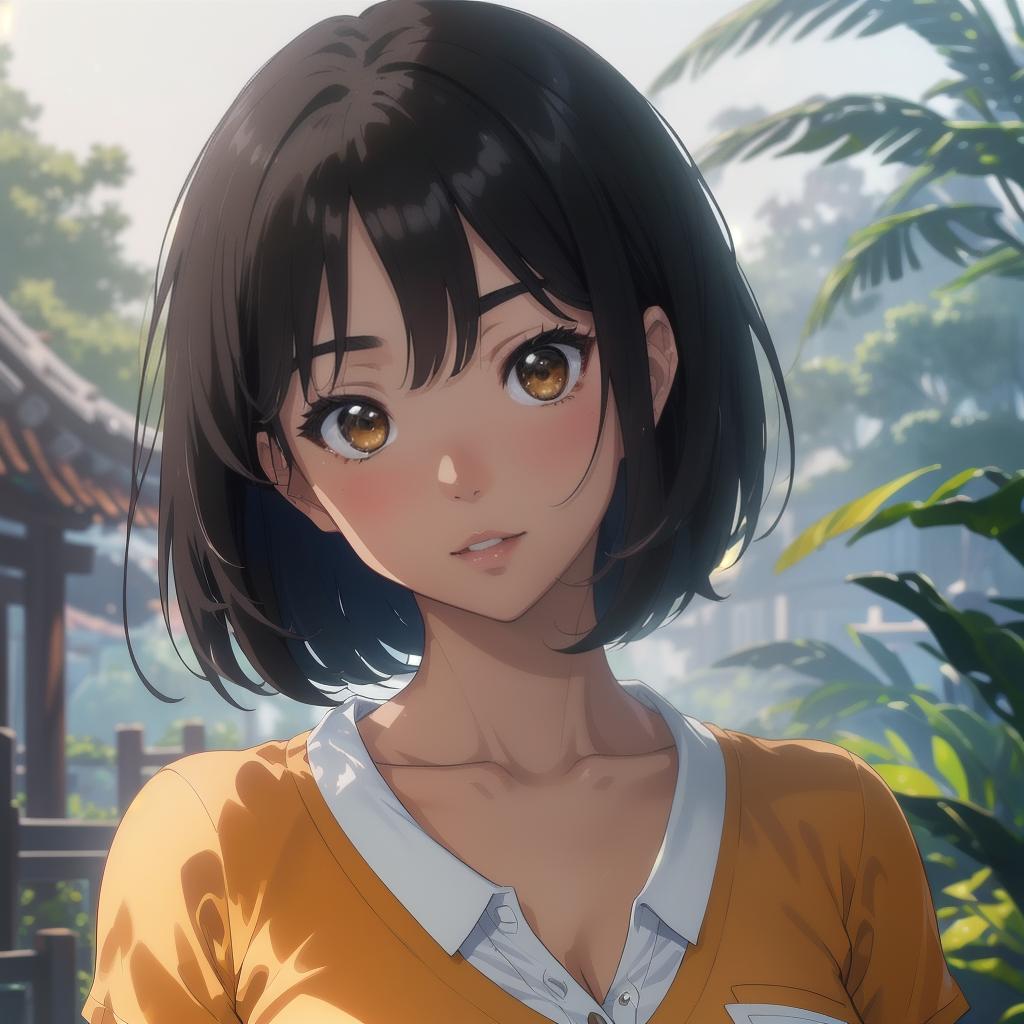  (((anime full torso frontal head shot of a light tan skin tone woman))), hani yoon chung, ((korean heritage)), immature face, brown eye color, ((short hair style)), ((black hair color)), (( body type)), small size, small size, (immature small rounded nose), (immature high cheekbones), (immature smooth jawline), (immature medium lips), (immature broad forehead), (immature natural eyebrows), (immature dimpled chin), standing straight looking directly into the camera,((wearing fitted polo shirt with deep v neck and monogrammed pocket)), backyard in background, 1girl, best quality, highest quality, award winning photo, masterpiece, raw, professional photography, photorealism, sharp focus, cinematic, high resolution, sharp hyperrealistic, full body, detailed clothing, highly detailed, cinematic lighting, stunningly beautiful, intricate, sharp focus, f/1. 8, 85mm, (centered image composition), (professionally color graded), ((bright soft diffused light)), volumetric fog, trending on instagram, trending on tumblr, HDR 4K, 8K