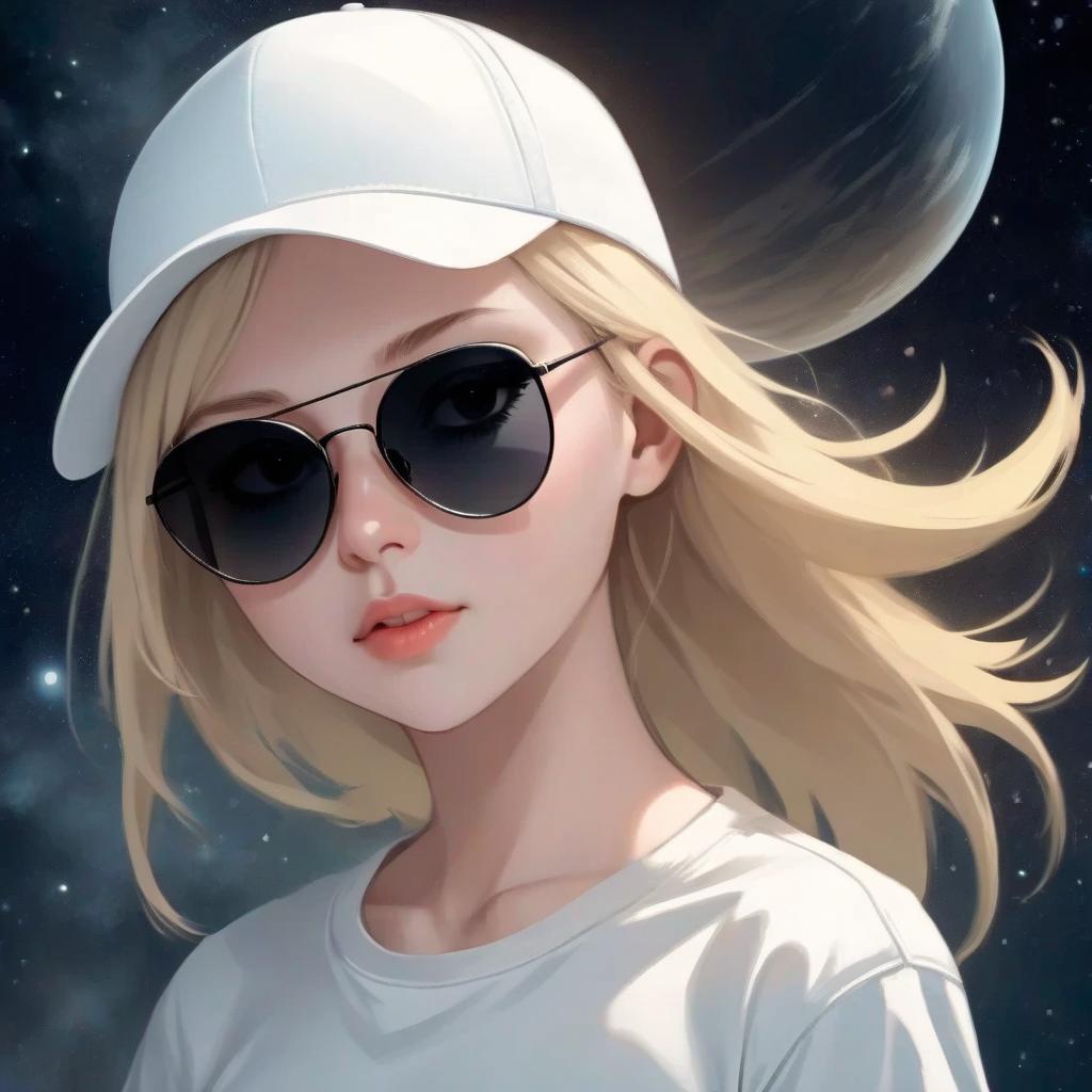  blonde girl in a white t shirt, white cap and black sunglasses, space