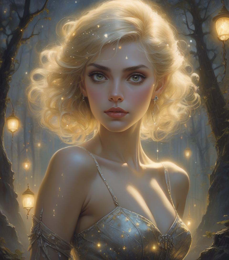  dreamscape art by craola, dorian vallejo, damian lechoszest, todd lockwood.luis royo portrait of elf in a dress with sparkling details, with radiance and short hair depicted in the picture, gold hair, fairy forest, realistic garden, sprinklers, lithography, detailed, gothic, or intricate fantasy ambiance, ernst lockwood, royo, mannerism, sharp angles, half body art of a beautiful gentle girl in pin up style, magical portrait, dynamic movement, twilight, starry, road, author kuindzhi, rockwell, rough textures, perfect face, emphasis on facial details, dynamic movement, frame illumination, mysticism, magic, heavy metal, dungeons and dragons, medieval lore . surreal, ethereal, dreamy, mysterious, fantasy, highly detai