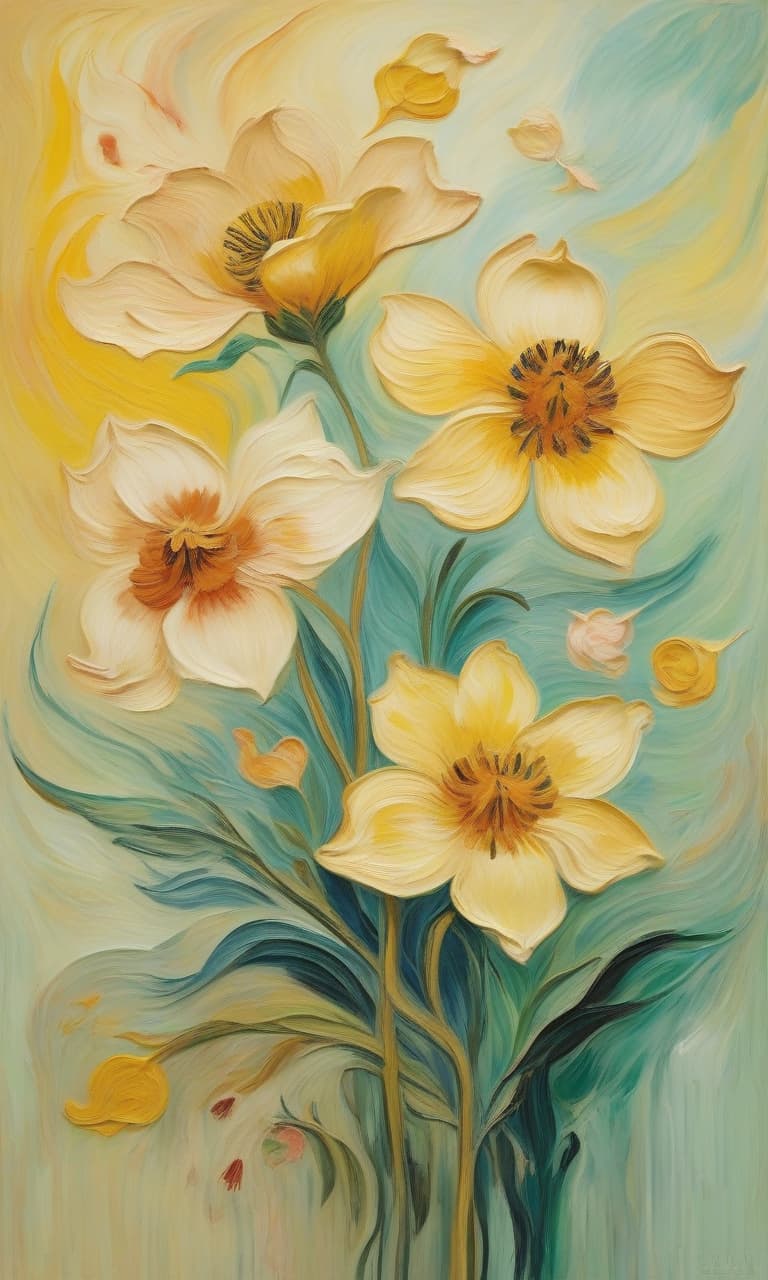  an abstract visualisation of two delicate flowers symbolising good and evil captured with van gogh's bold, emotional strokes, dali's imaginative representation of peace, monet's vibrant, hopeful environment, and renoir's soft, harmonious light. soft brushstrokes, subtle gradients, delicate textures, warm hues, gentle lighting, subdued contrast, and naturalistic color palette.