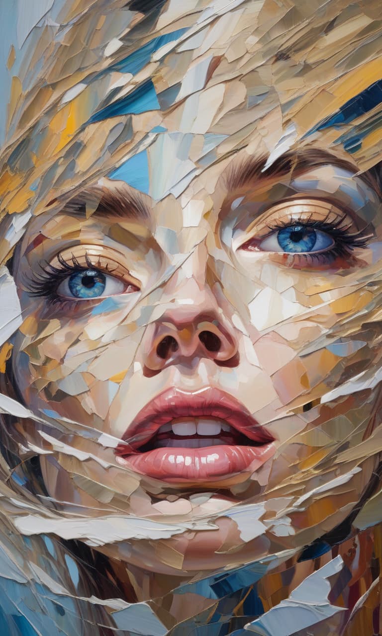  (palette knife oil painting:1.3), an (extremely close up:1.2) view of a (woman's face:1.1) emerging from a mesmerizing (glitch texture:1.3), featuring (multicolor eyes:1.3) that captivate the viewer. her (parted sensual lips:1.2) blend seamlessly with the (distorted patterns:1.3) of the background, conveying a sense of (surrealism:1.2). the intricate (datamoshing effects:1.3) create an ethereal quality, showcasing the woman's (features:1.1) as they intertwine with the (abstract textures:1.2), resulting in a striking visual composition.