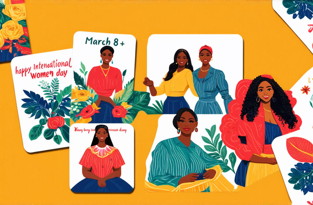  happy international women's day. march 8th. different races and nationalities. colored hand drawn vector illustrations. set of cards and seamless pattern ar 3:2 {prompt}, maximum details