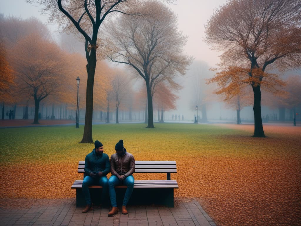  two s sit on a bench in the park and on the mouth, ((realistic)) hyperrealistic, full body, detailed clothing, highly detailed, cinematic lighting, stunningly beautiful, intricate, sharp focus, f/1. 8, 85mm, (centered image composition), (professionally color graded), ((bright soft diffused light)), volumetric fog, trending on instagram, trending on tumblr, HDR 4K, 8K