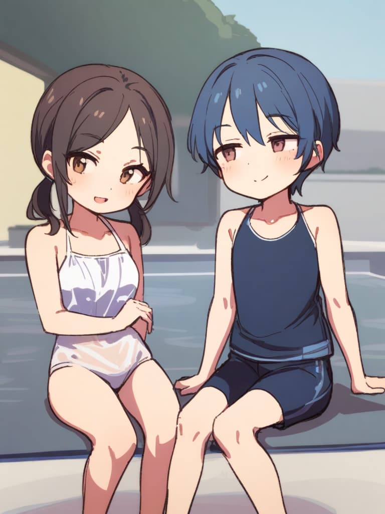  women's elementary students (with male), twin tails, cute smiles, rich s, short stature, dark blue swimwear, old swimwear, , simple, , , and, male (bulging), front, whole body, pool side,