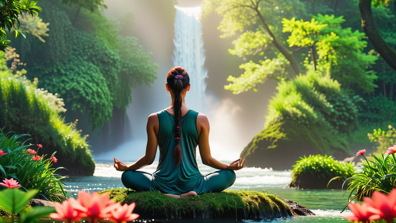  a serene landscape featuring a person meditating in nature, surrounded by lush greenery, flowing water, and vibrant flowers, with a soft sunrise illuminating the scene, symbolizing balance in mind, body, and spirit. hyperrealistic, full body, detailed clothing, highly detailed, cinematic lighting, stunningly beautiful, intricate, sharp focus, f/1. 8, 85mm, (centered image composition), (professionally color graded), ((bright soft diffused light)), volumetric fog, trending on instagram, trending on tumblr, HDR 4K, 8K