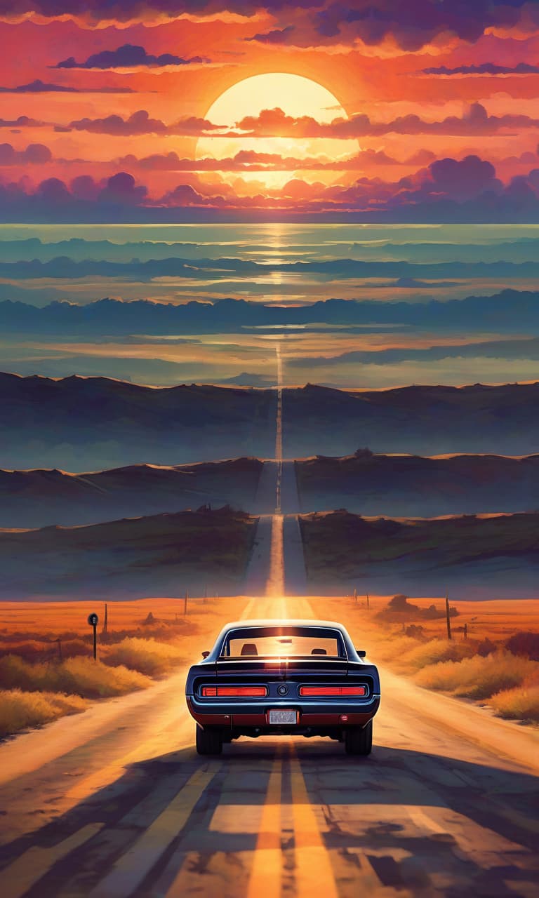  retro game art picturesque landscape, very close to us on the road is a dodge shelby charger, rear view, taillights on, it intends to continue moving towards the horizon to a picturesque sunset, on the horizon of the texas landscape, a huge sunset sun is slightly covered by small clouds, watercolor, oil paints with digital painting . 16 bit, vibrant colors, pixelated, nostalgic, charming, fun