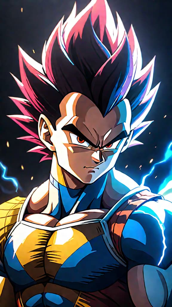  an anime art of vegeta from dragon ball harnessing ultra instinct, blending fierce pride with serene combat. hyperrealistic, full body, detailed clothing, highly detailed, cinematic lighting, stunningly beautiful, intricate, sharp focus, f/1. 8, 85mm, (centered image composition), (professionally color graded), ((bright soft diffused light)), volumetric fog, trending on instagram, trending on tumblr, HDR 4K, 8K