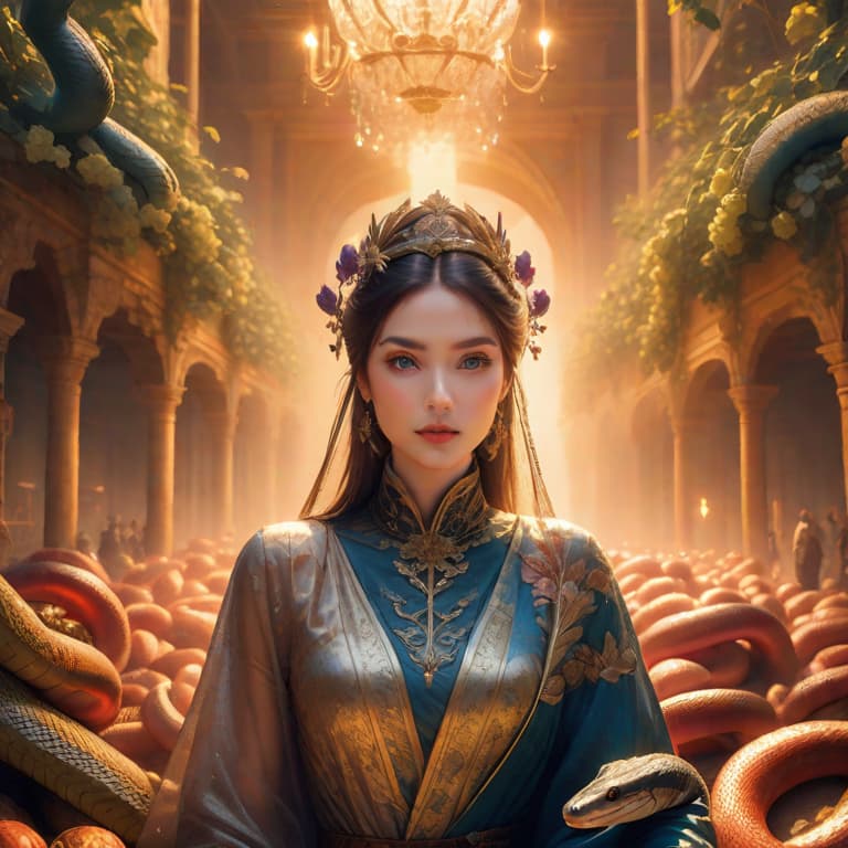  photorealistic portrait of a beautiful european girl, looking frightened in the camera, very detailed, wineleaves und grapes laying on her head, snakes are between the wineleaves, dynamic, very detailed, romantic dark art hyperrealistic, full body, detailed clothing, highly detailed, cinematic lighting, stunningly beautiful, intricate, sharp focus, f/1. 8, 85mm, (centered image composition), (professionally color graded), ((bright soft diffused light)), volumetric fog, trending on instagram, trending on tumblr, HDR 4K, 8K