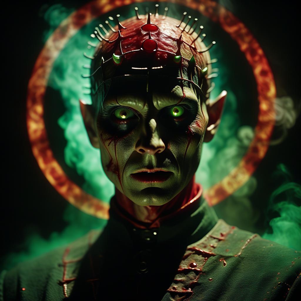  cinematic film still demon hellraiser alien in a mantle flowing red mucus in wounds and white smoke red rings of light green yellow fire in the darkness of horror . shallow depth of field, vignette, highly detailed, high budget, bokeh, cinemascope, moody, epic, gorgeous, film grain, grainy