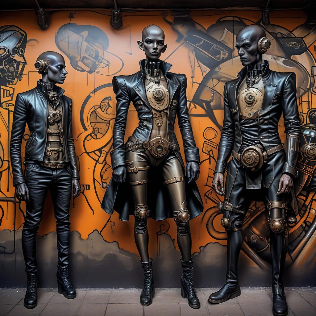  graffiti style a group of smugglers, a potty man, 40 year, small, bald, black. a young , 20 year, medium sized s, graceful thin waist, long slender legs, black hair, droid, minotaur. full length image, steampunk, dieselpunk, paropunk, stand in a futuristic tavern. . street art, vint, urban, detailed, tag, mural