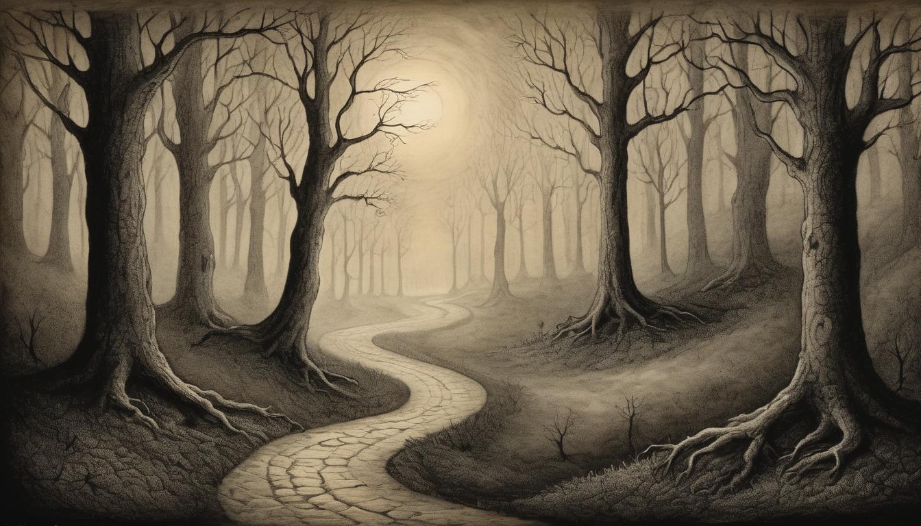  on parchment, surrealism++, lonely pathway, winding through dark forest, single light source ahead, sense of destiny, resilience(mysterious, provocative, symbolic)++