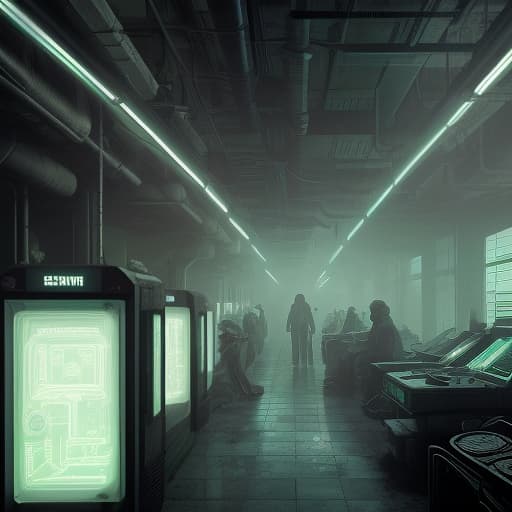  cinematic footage of a gray, metal bunker with dim neon lamps, long corridors and people busy with daily work. an atmosphere of tension and expectation, with elements of cyberpunk: screens with codes, holograms and technological devices that create a sense of high technology., dark , creepy , blood , monsters , by jason engle , carlos huante , charlie bowater , simon lee , brom