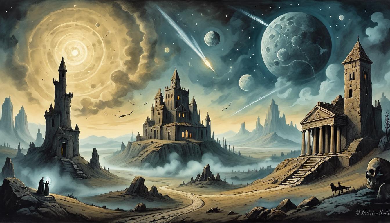  on parchment, surrealism+++, celestial event over a haunted landscape, meteors streaking across the sky, eerie light illuminating ruins(mysterious, provocative, symbolic,muted color)+++