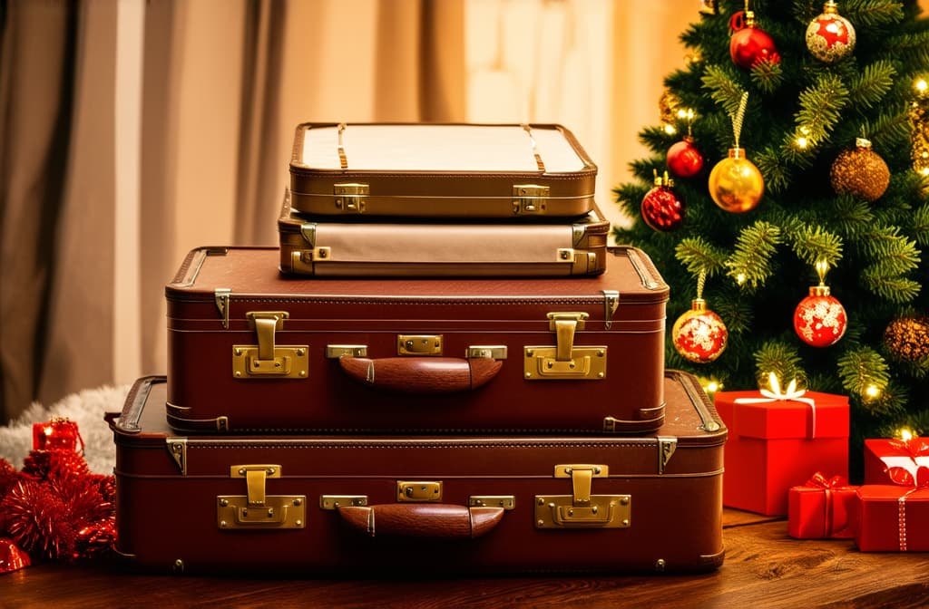  professional detailed photography, illustration of vintage suitcases packed for travel for winter holiday season and christmas tree and light ar 3:2, (muted colors, dim colors, soothing tones), (vsco:0.3)